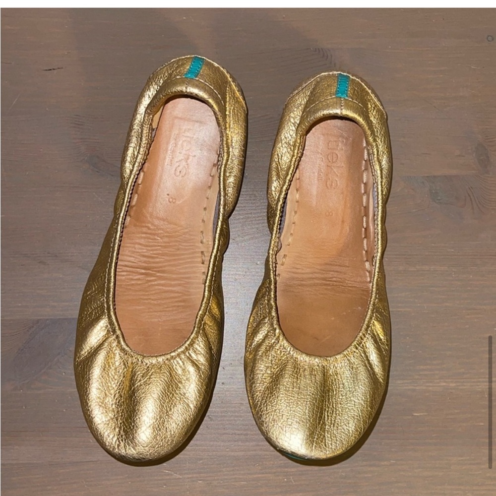 Tieks Gold Flats with Teal Accent